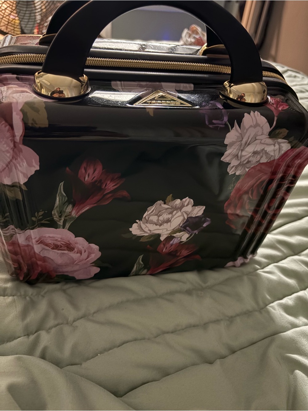 TRIFORCE Floral Hardcase Cosmetic Top-Handle Bag - Black with Pink Blooms